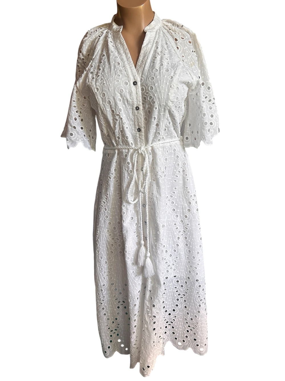 J.Crew White Eyelet Midi Dress with Tie Waist